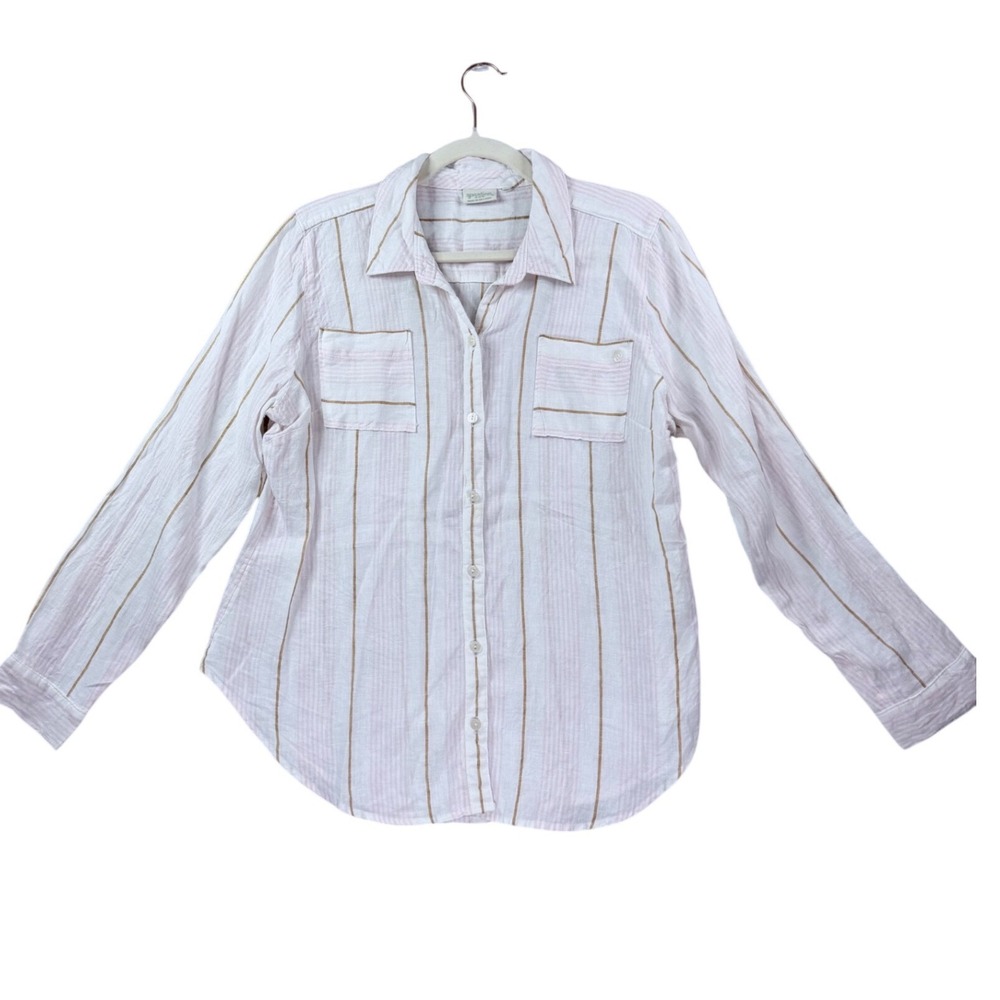 Spartina 449 Linen Button Down Women Medium White Pink Tan Striped Long Sleeve